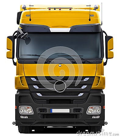 Yellow Mercedes Actros truck with black plastic bumper. Stock Photo