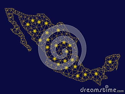 Yellow Mesh Network Mexico Map with Flash Spots Vector Illustration