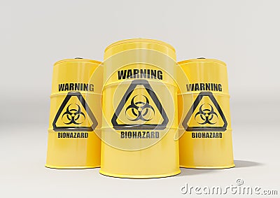 Yellow metal barrels with black biohazard warning sign on white background Stock Photo