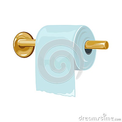 Yellow metal toilet paper holder attached to wall and roll. Bathroom, lavatory interior element. Vector Illustration