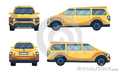 Yellow minivan set. Family or business transportation. Front, back Vector Illustration