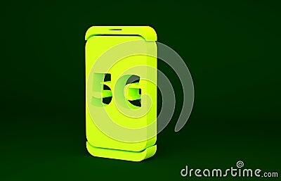 Yellow Mobile with 5G new wireless internet wifi icon isolated on green background. Global network high speed connection Cartoon Illustration