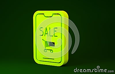 Yellow Mobile phone and shopping cart icon isolated on green background. Online buying symbol. Supermarket basket symbol Cartoon Illustration