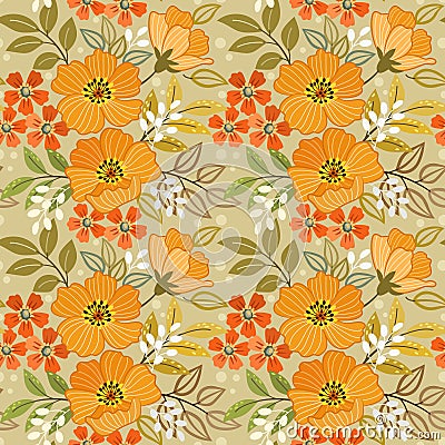 Yellow monochrome blooming flowers design seamless pattern. Vector Illustration