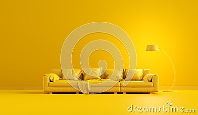 Yellow monochrome interior with modern leather sofa and a floor lamp with copy space Stock Photo