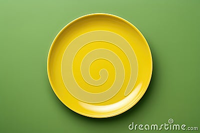 Yellow Monochrome Plate On Green Background, Top View. Generative AI Stock Photo