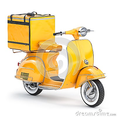 Yellow motor bike with delivery bag isolated on white. Scooter express delivery service Cartoon Illustration