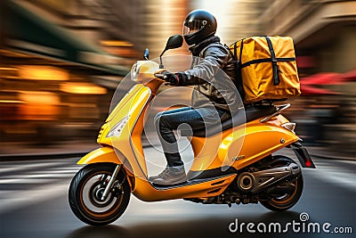 Yellow motor scooter, city delivery courier, urban transportation illustration Cartoon Illustration