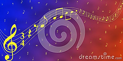 Yellow Music Notes in Blue and Red Banner Background Cartoon Illustration