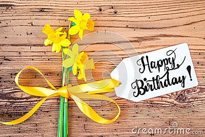 Yellow Narcissus Flower, Label, Calligraphy Happy Birthday Stock Photo