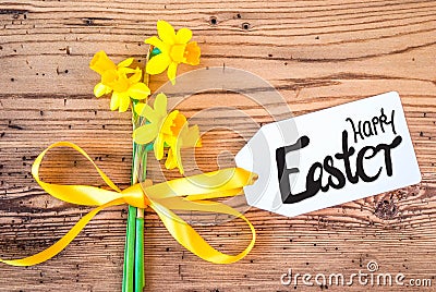 Yellow Narcissus Flower, Label, Calligraphy Happy Easter Stock Photo