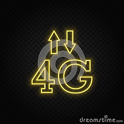 Yellow neon icon 4g, signal, arrows. Transparent background. Yellow neon vector icon Stock Photo