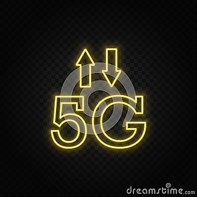 Yellow neon icon 5g, signal, arrows. Transparent background. Yellow neon vector icon Stock Photo