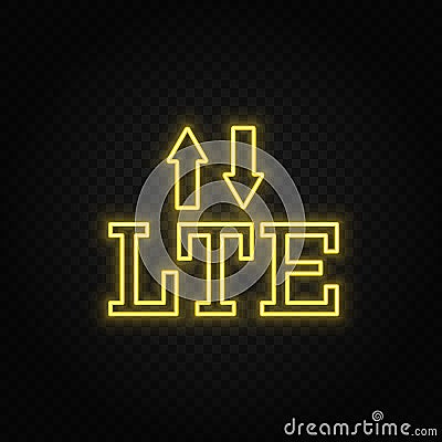 Yellow neon icon lte, signal, arrows. Transparent background. Yellow neon vector icon Stock Photo