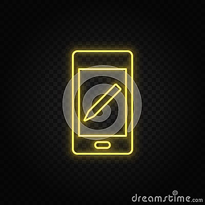 Yellow neon icon phone, edit, pencil. Transparent background. Yellow neon vector icon Stock Photo