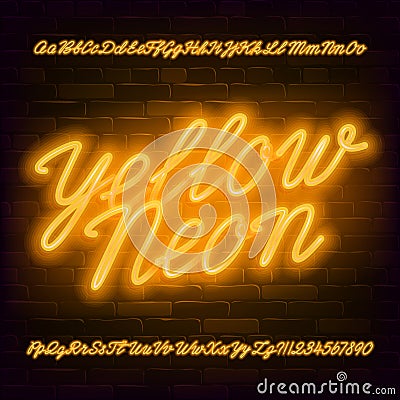 Yellow Neon script alphabet font. Neon color lowercase and uppercase bright letters and numbers. Vector Illustration