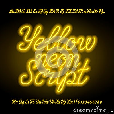 Yellow neon script alphabet font. Handwriting neon uppercase and lowercase letters and numbers. Vector Illustration