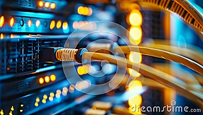 Yellow network cables connected to server boxes in an office. Information Technology Computer Network, Telecommunication Ethernet Stock Photo