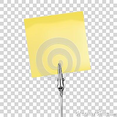 Yellow note on a metal memo holder clip. Note on wire silver clamp with place for you text over transparent background. Office Vector Illustration