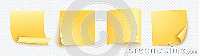 Yellow note sheet of paper set with different shadow. Blank four post for message, to do list, memory. Set of vector Vector Illustration