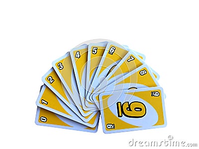 Yellow number card game arrange from one to nine isolated on white background Editorial Stock Photo