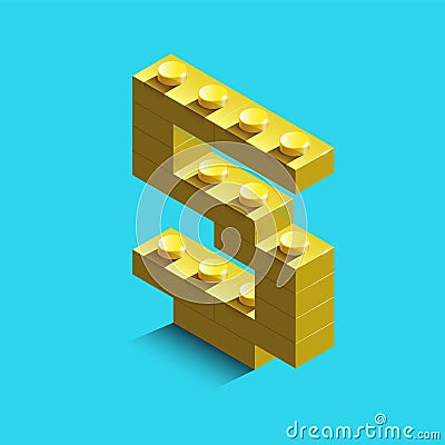 Yellow number five from constructor lego bricks on blue background. 3d lego number five Vector Illustration