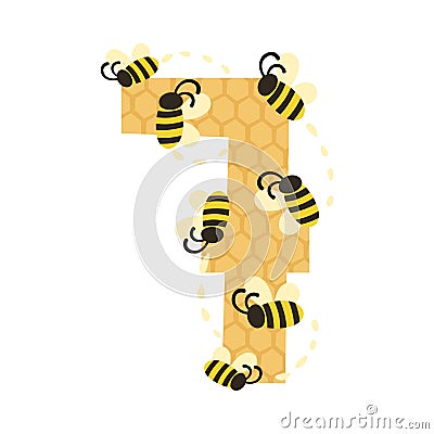 Number 7 and seven bees. Vector illustration on a white background. Vector Illustration