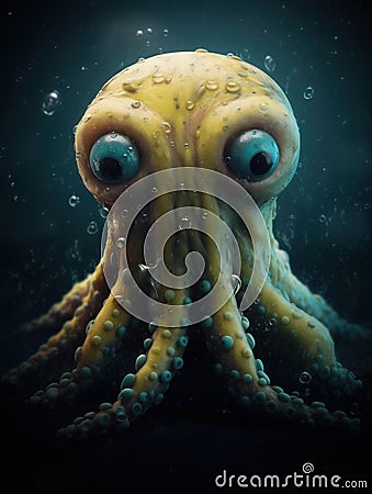 a yellow octopus with blue eyes and a black background is featured in a digital painting by artist and photographer marke Stock Photo