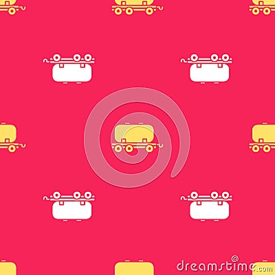 Yellow Oil railway cistern icon isolated seamless pattern on red background. Train oil tank on railway car. Rail freight Vector Illustration