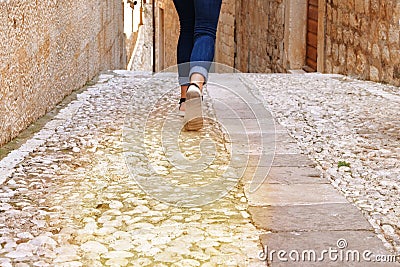 Pedestrian zone in the historical place in daylight. Travel walkway. Walk along footpath Stock Photo