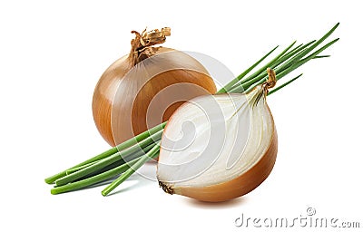 Yellow onion half green scallion 1 isolated on white background Stock Photo