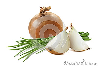 Yellow onion quarters green scallion isolated on white Stock Photo