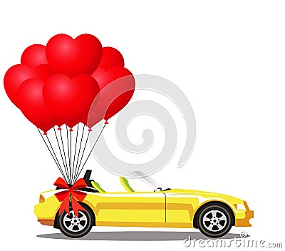 Yellow opened cartoon cabriolet car with bunch of red balloons Vector Illustration