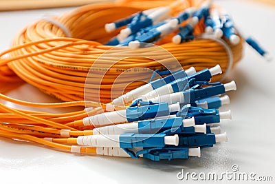 Yellow optical fiber network cable with blue connectors isolated on white background Stock Photo