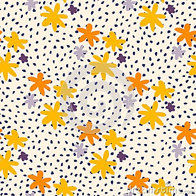 Yellow and orange daisy flowers seamless pattern. White background with dark dots Cartoon Illustration
