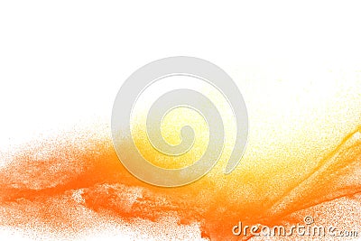 Yellow orange dust particles explosion on white background. Stock Photo