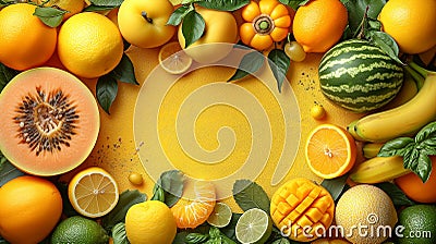 Yellow orange fruits vegetables arranged textured yellow background, highlighting freshness variety healthy foods Stock Photo