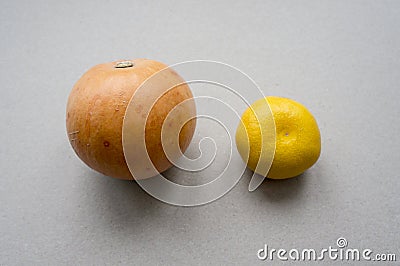 Yellow-orange products: pumpkin, tangerine Stock Photo