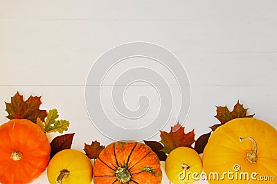 Yellow and orange pumpkins and autumn leaves on white wooden background for harvest fall and thanksgiving theme. Stock Photo