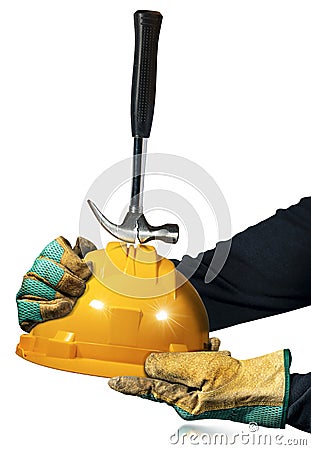 Yellow and Orange Safety Helmet with a Broken Hammer on it Stock Photo