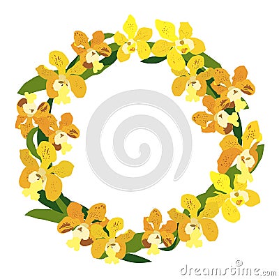 Yellow orchid frame, floral wreath circle frame, isolated vector Vector Illustration