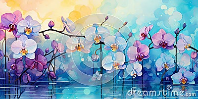 Yellow orchid purple violet blue jade teal beige abstract background Stock Photo