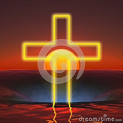 yellow outline neon religious cross at sea sunset Stock Photo