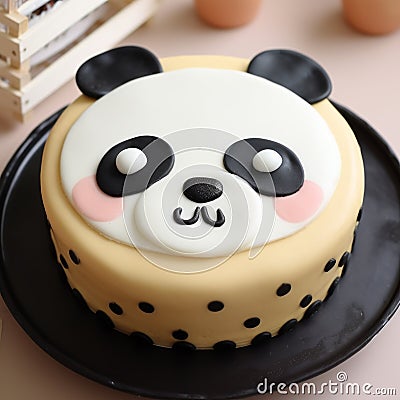 Yellow Panda Cake With White Dots - Fun And Playful Flan Face Cake Stock Photo