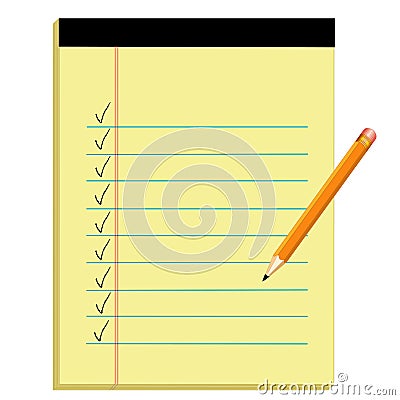 Yellow Paper Notepad with Copy Space, Checkmarks, Lead Pencil Vector Illustration