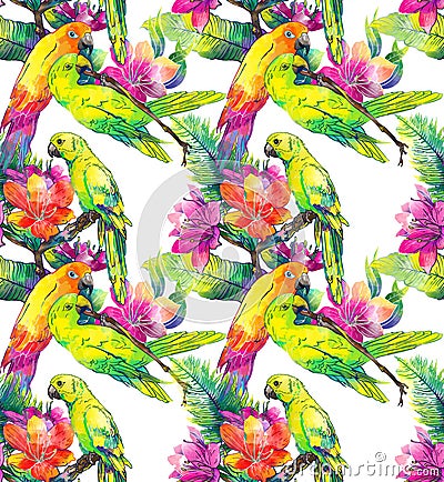 Yellow parrots and exotic flowers Stock Photo