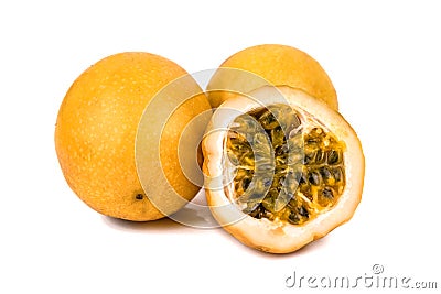 Yellow passion fruits on white Stock Photo