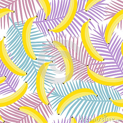 yellow pastel banana on purple pink and blue palm leaves background exotic tropical hawaii pastel seamless pattern vector Vector Illustration