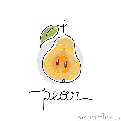 Yellow pear, freehand lettering. Minimalist print, poster, stamp for clothes. Color drawing with black one continuous line. Hand Vector Illustration