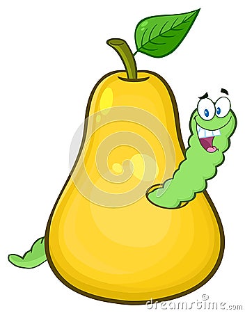 Yellow Pear Fruit With Green Leaf And A Worm Cartoon Mascot Character Vector Illustration